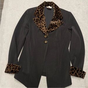 VINTAGE• black blazer leopard trim